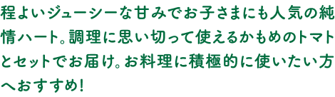 程よいジューシーな甘みでお子さまにも人気の純情ハート。調理に思い切って使えるかもめのトマトとセットでお届け。お料理に積極的に使いたい方へおすすめ！